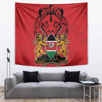 Red tapestry coat of arms wall hanging with lion crest and Kente-style patterned accents