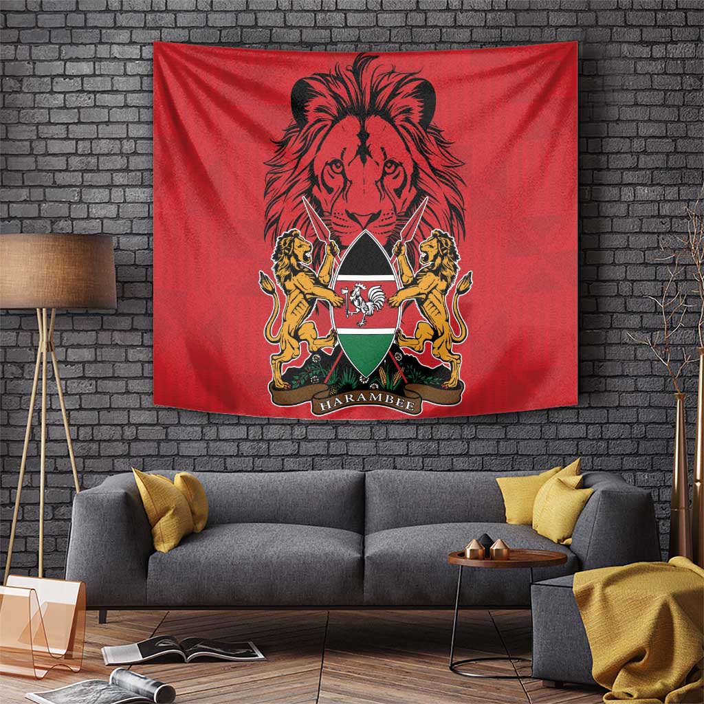 Red tapestry wall hanging featuring Kenya-style coat of arms with lion crest and shield