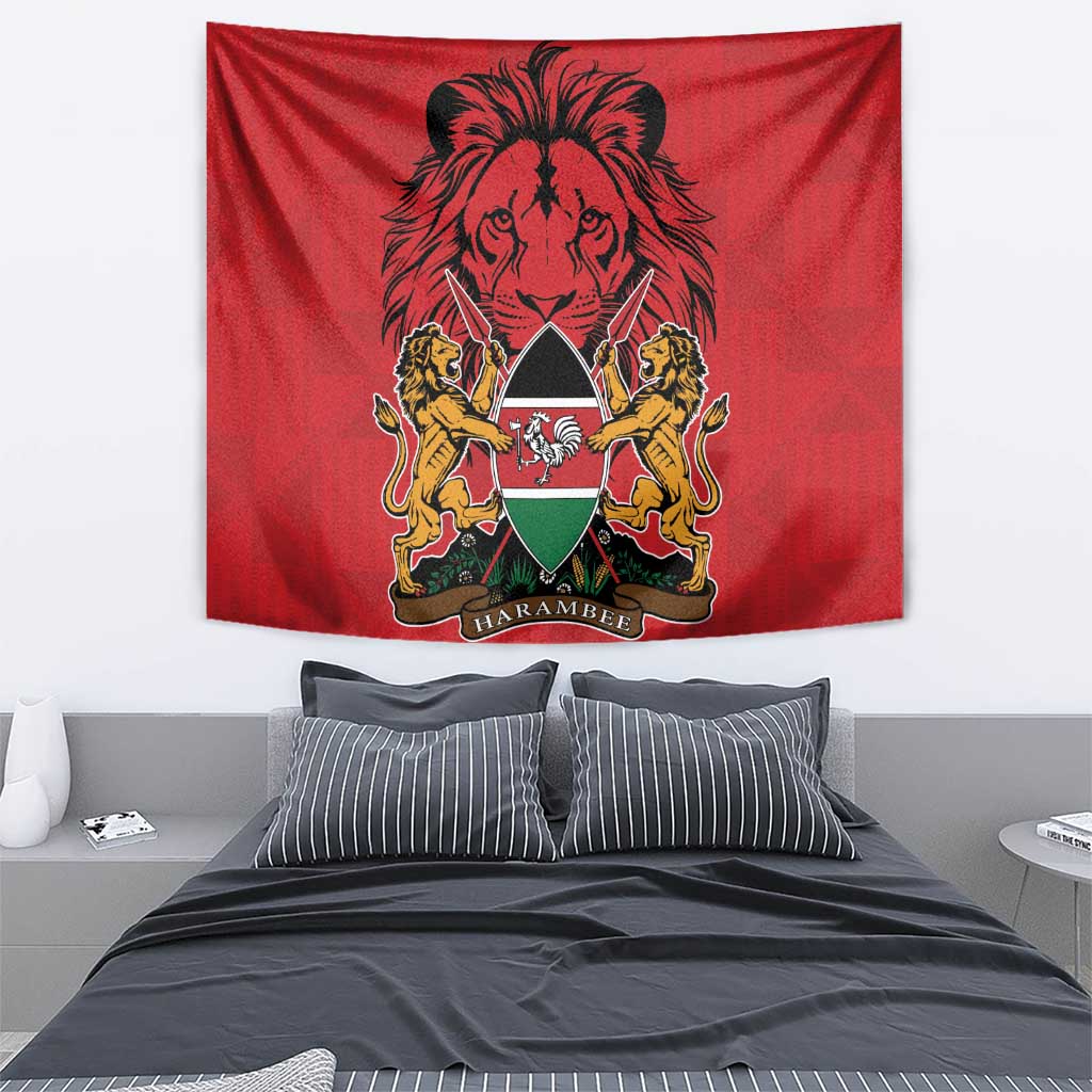 Red tapestry coat of arms wall hanging with lion face emblem and two lion supporters