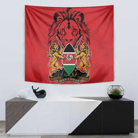 Red tapestry wall hanging with central shield emblem, lion crest, and two lion figures