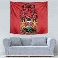Red tapestry wall hanging with lion head emblem, shield, and detailed lion supporter art
