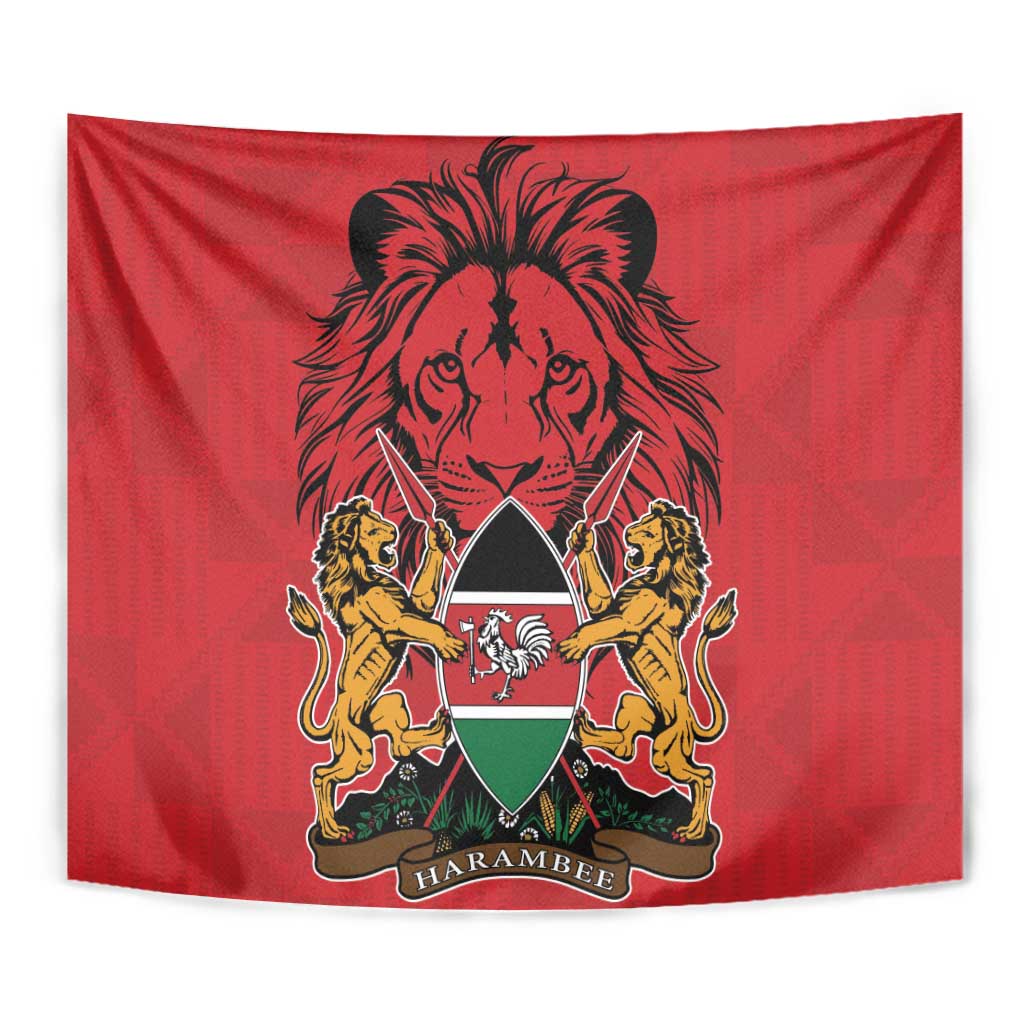 Red tapestry coat of arms wall hanging with lion crest, shield design, and lion supporters
