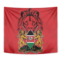 Red tapestry coat of arms wall hanging with lion crest, shield design, and lion supporters