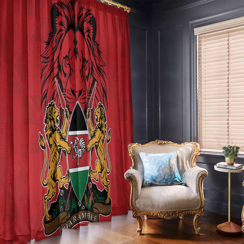 Red Kenya window curtain with coat of arms and Kente-style patterned panel