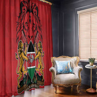 Red Kenya window curtain with coat of arms and Kente-style patterned panel