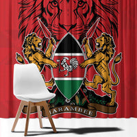 Red window curtain featuring Kenya coat of arms with lions and Kente-style accents