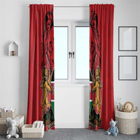 Pair of red Kenya window curtains with coat of arms and lion emblem print