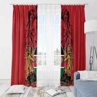 Red Kenya window curtains with rod header and coat of arms lions graphic