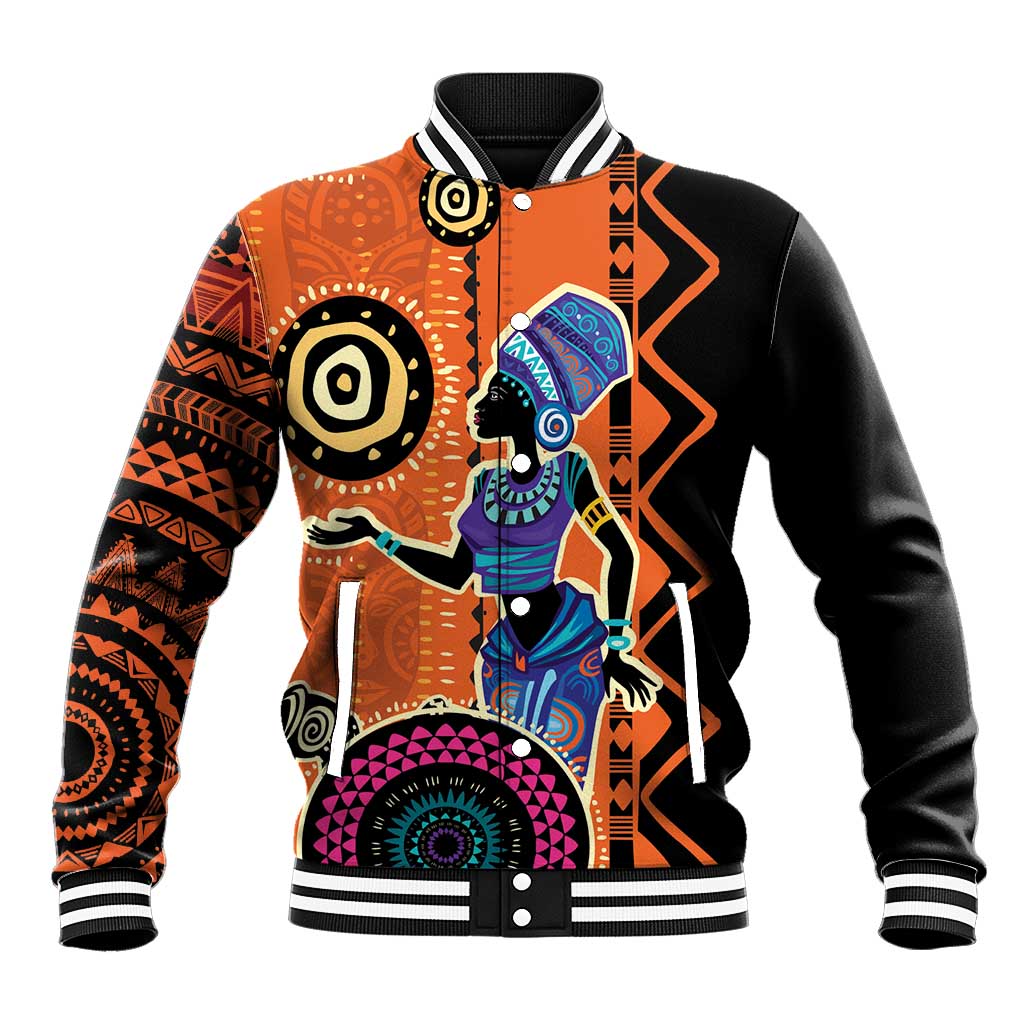 African Woman In Ethnic Dress Baseball Jacket Ethnic Geometric Patterns - Wonder Print Shop