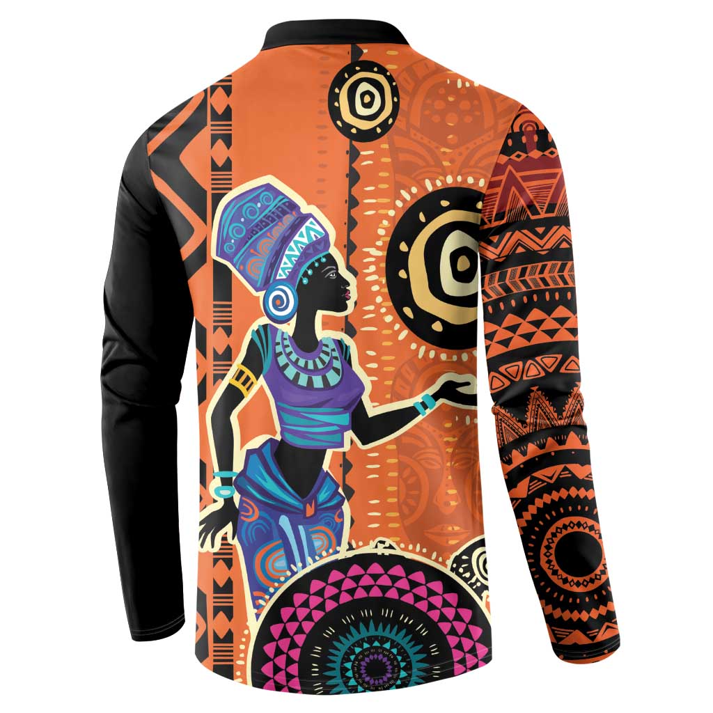Back view orange and black button sweatshirt with African-inspired portrait and geometric patterns