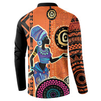 Back view orange and black button sweatshirt with African-inspired portrait and geometric patterns