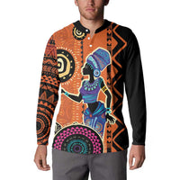 Orange and black button sweatshirt with front portrait artwork and circular geometric details