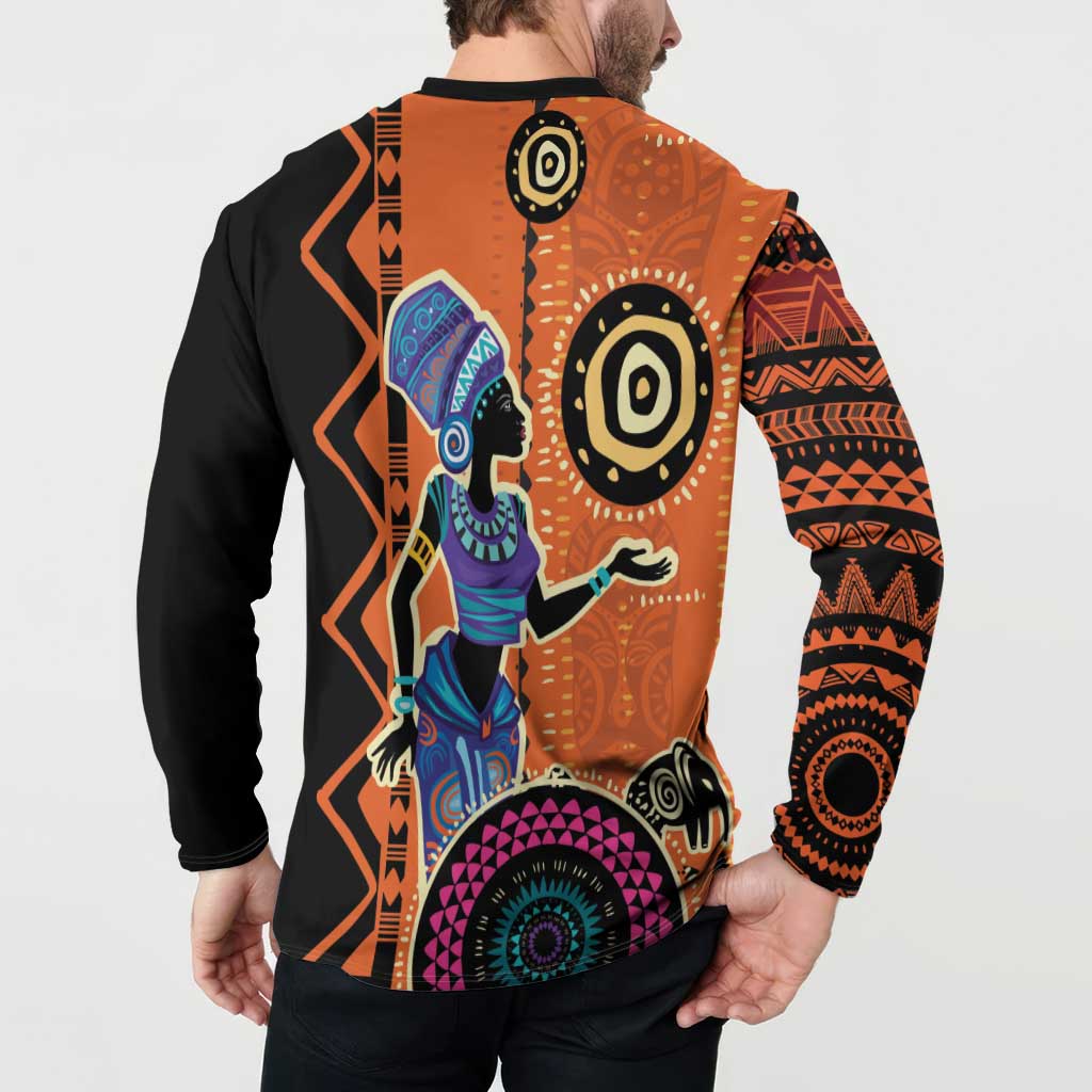 Back view of orange and black button sweatshirt with African-inspired portrait and bold geometric motifs