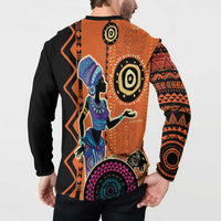 Back view of orange and black button sweatshirt with African-inspired portrait and bold geometric motifs
