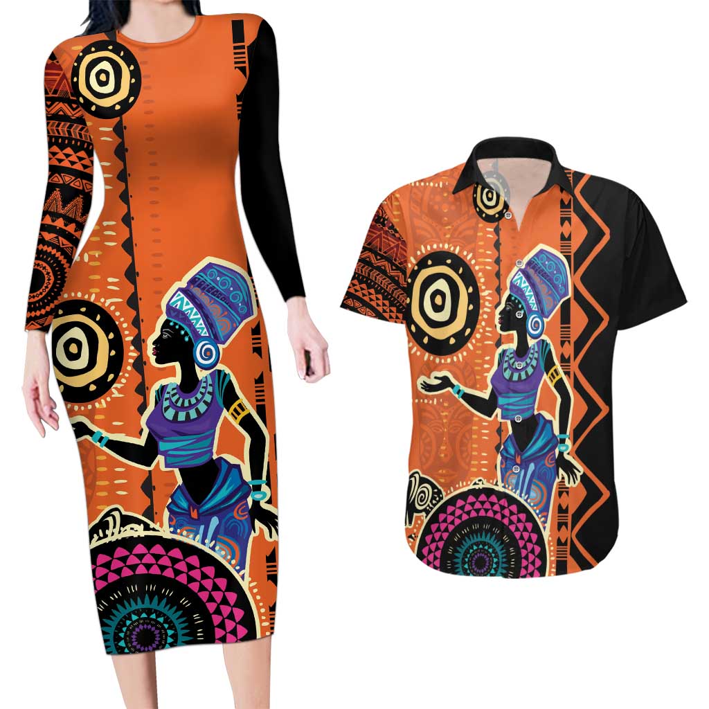 African Woman In Ethnic Dress Couples Matching Long Sleeve Bodycon Dress and Hawaiian Shirt Ethnic Geometric Patterns - Wonder Print Shop