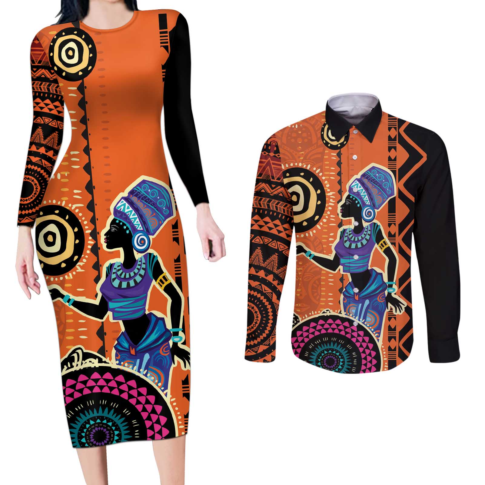 African Woman In Ethnic Dress Couples Matching Long Sleeve Bodycon Dress and Long Sleeve Button Shirt Ethnic Geometric Patterns - Wonder Print Shop