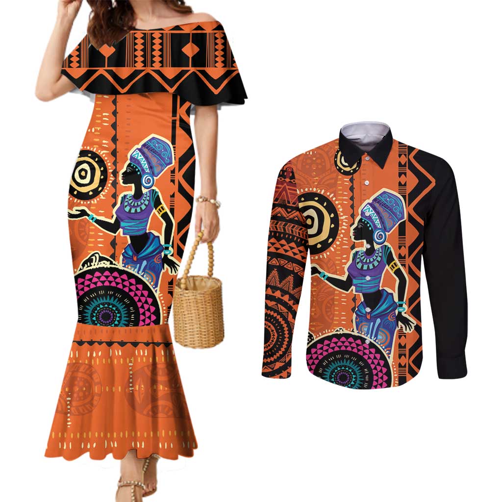 African Woman In Ethnic Dress Couples Matching Mermaid Dress and Long Sleeve Button Shirt Ethnic Geometric Patterns