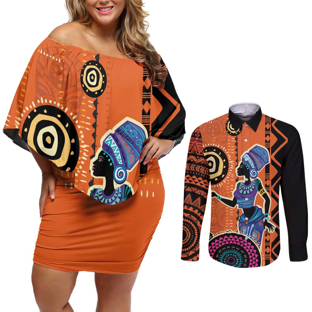 African Woman In Ethnic Dress Couples Matching Off Shoulder Short Dress and Long Sleeve Button Shirt Ethnic Geometric Patterns - Wonder Print Shop