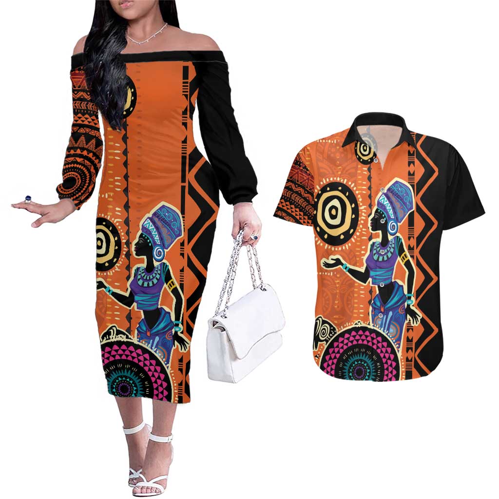 African Woman In Ethnic Dress Couples Matching Off The Shoulder Long Sleeve Dress and Hawaiian Shirt Ethnic Geometric Patterns - Wonder Print Shop