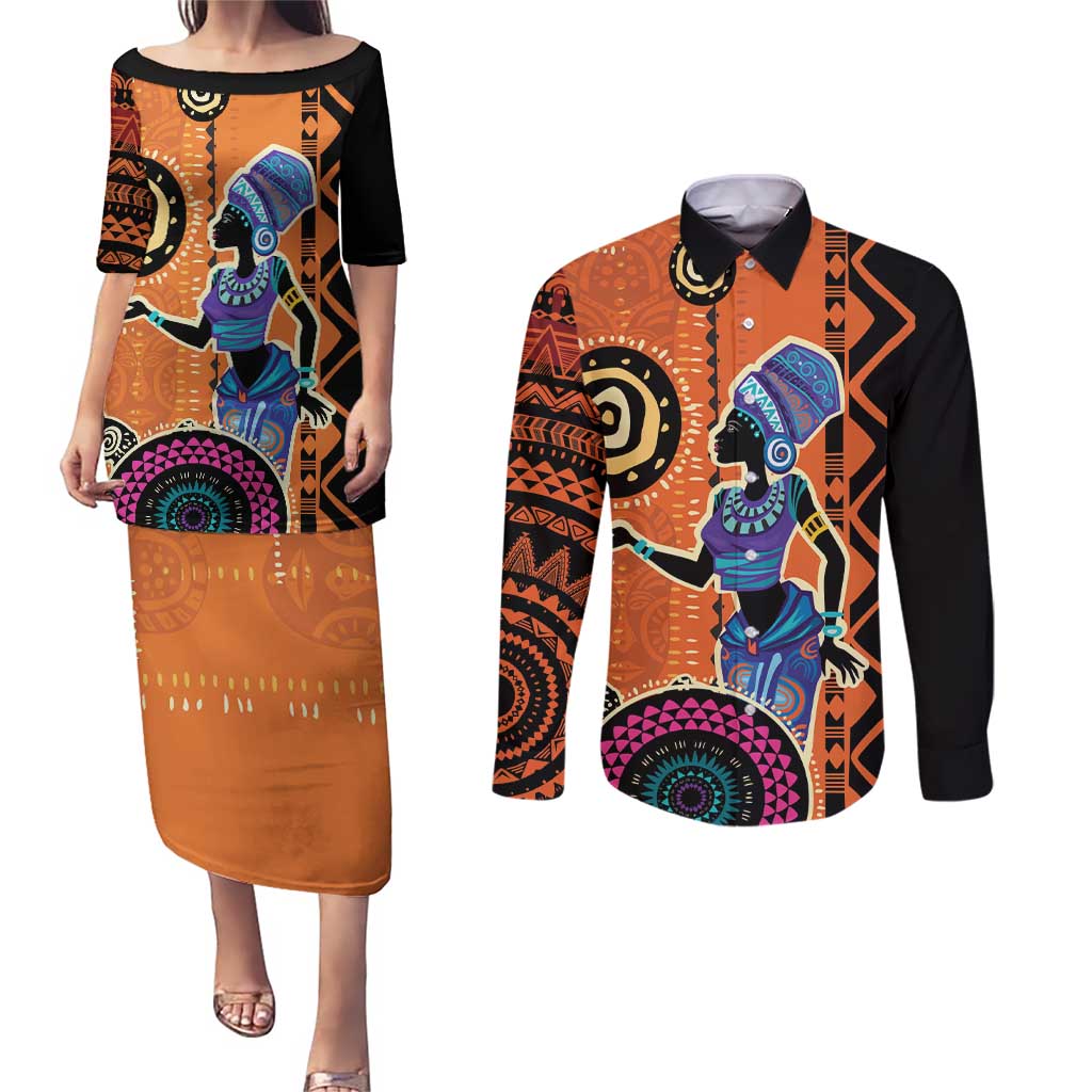 African Woman In Ethnic Dress Couples Matching Puletasi and Long Sleeve Button Shirt Ethnic Geometric Patterns - Wonder Print Shop