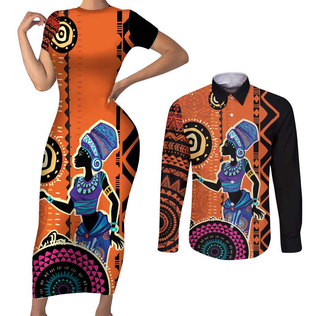 African Woman In Ethnic Dress Couples Matching Short Sleeve Bodycon Dress and Long Sleeve Button Shirt Ethnic Geometric Patterns - Wonder Print Shop