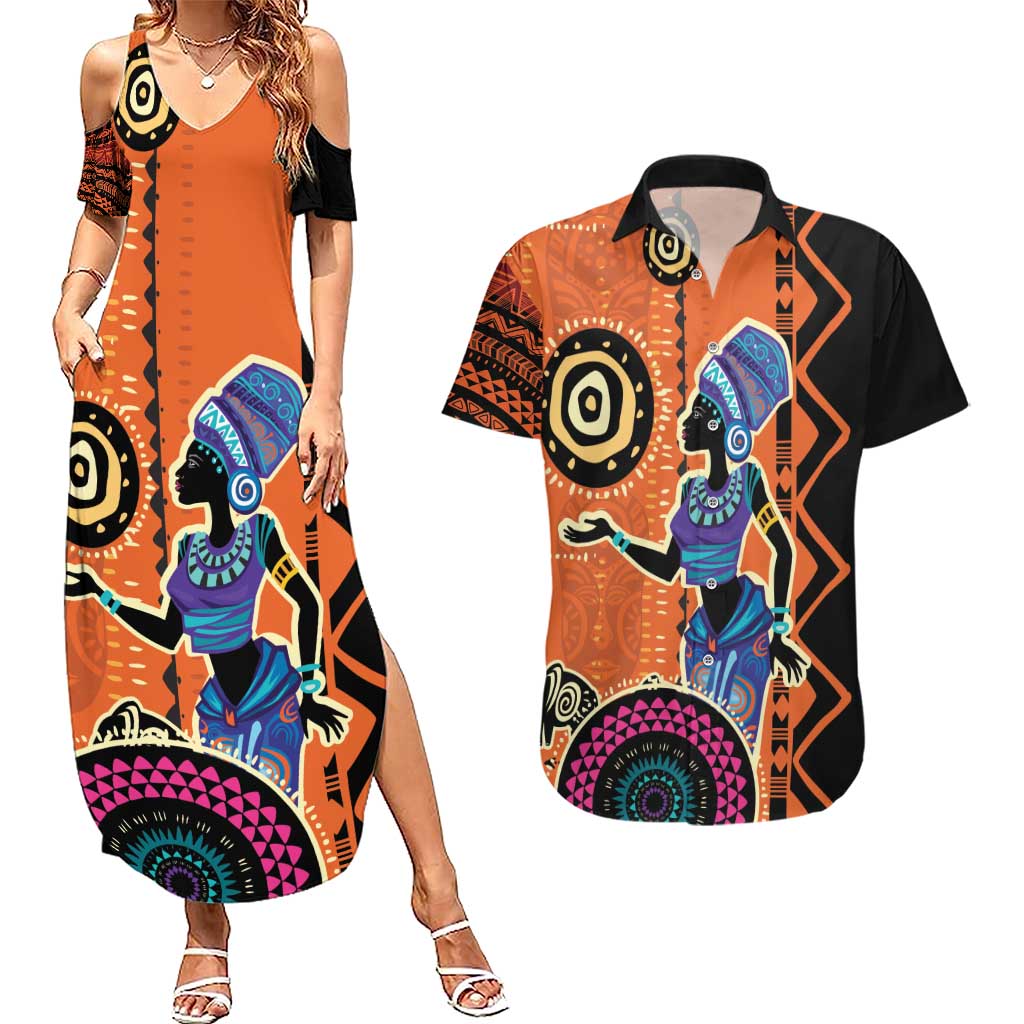 African Woman In Ethnic Dress Couples Matching Summer Maxi Dress and Hawaiian Shirt Ethnic Geometric Patterns - Wonder Print Shop