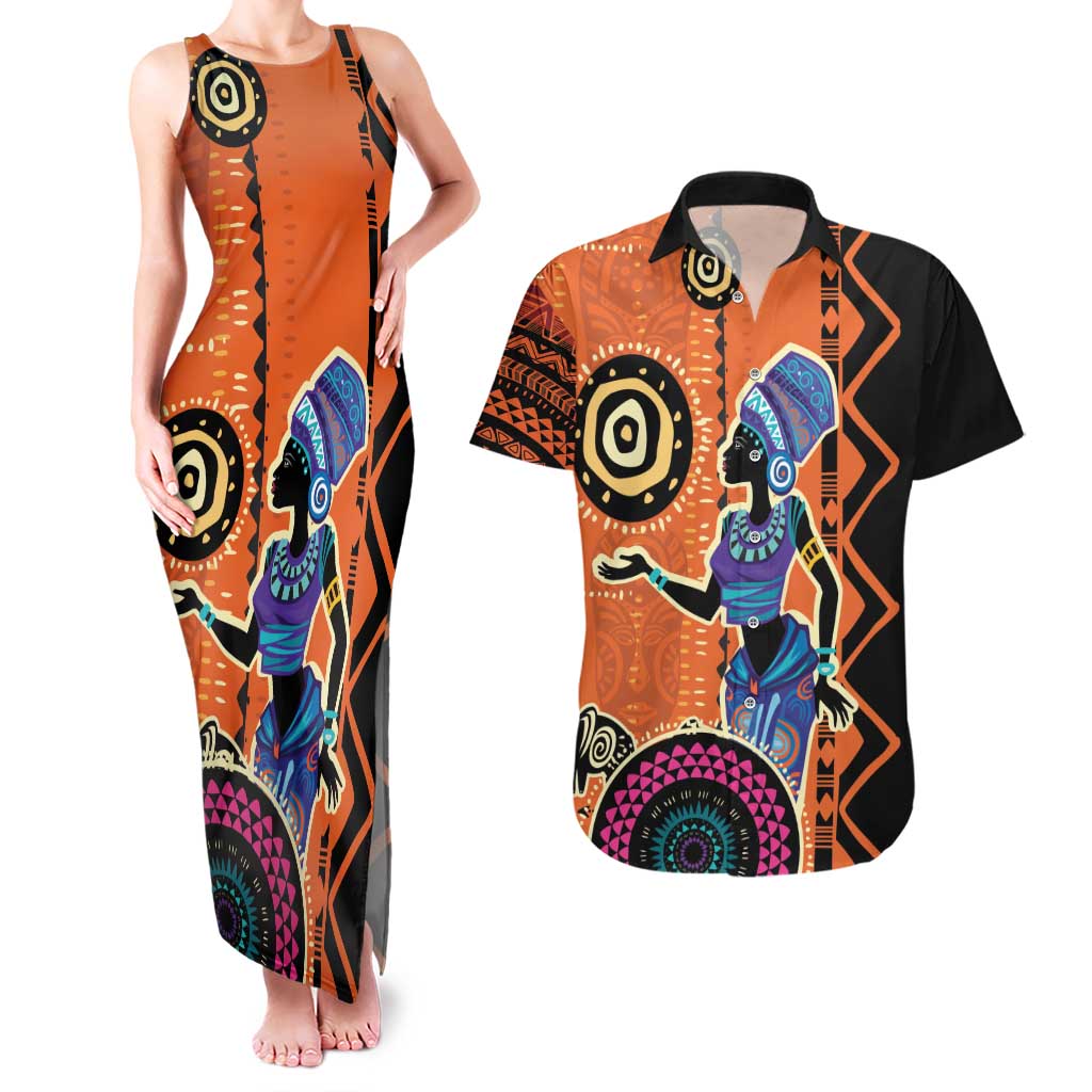 African Woman In Ethnic Dress Couples Matching Tank Maxi Dress and Hawaiian Shirt Ethnic Geometric Patterns - Wonder Print Shop