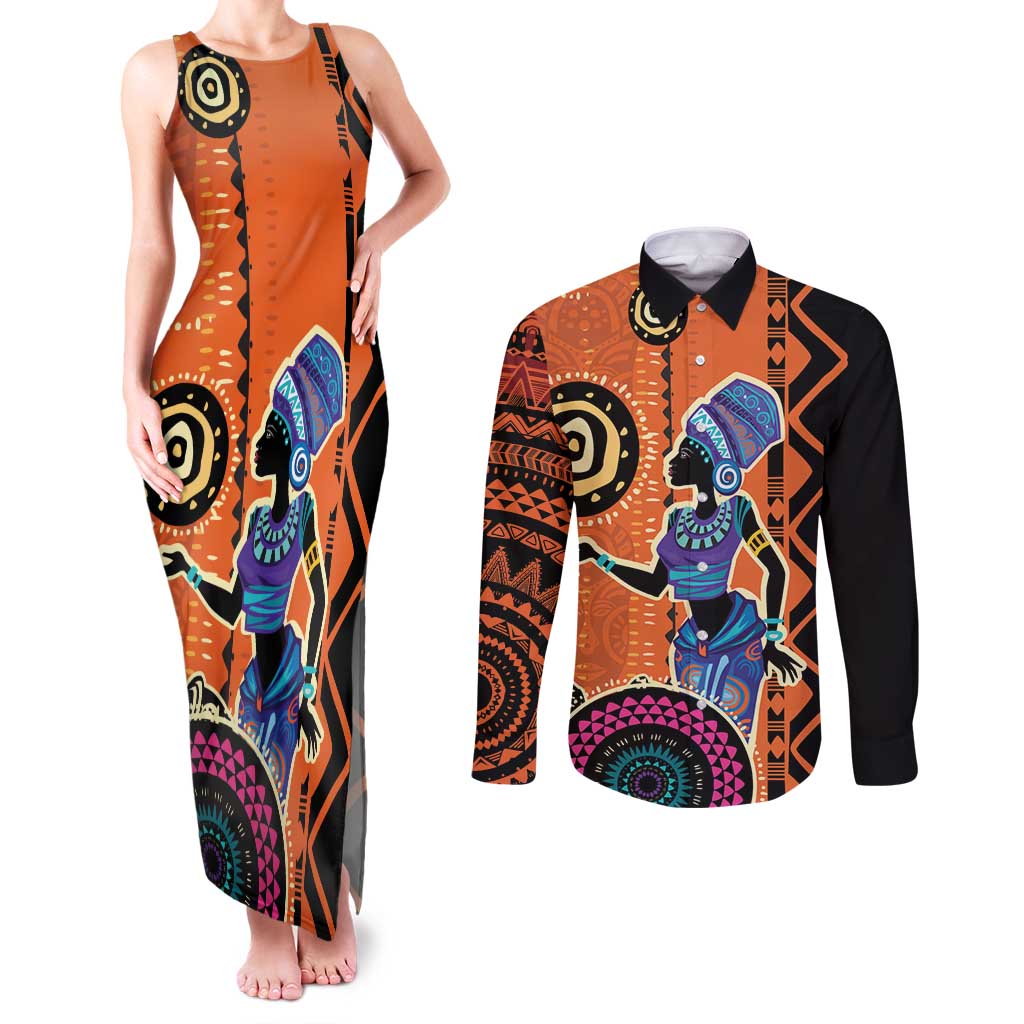 African Woman In Ethnic Dress Couples Matching Tank Maxi Dress and Long Sleeve Button Shirt Ethnic Geometric Patterns - Wonder Print Shop