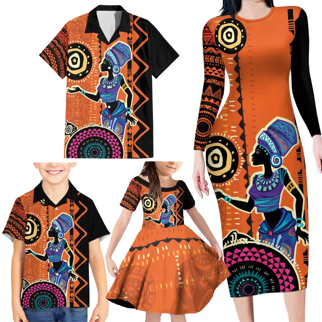 African Woman In Ethnic Dress Family Matching Long Sleeve Bodycon Dress and Hawaiian Shirt Ethnic Geometric Patterns - Wonder Print Shop