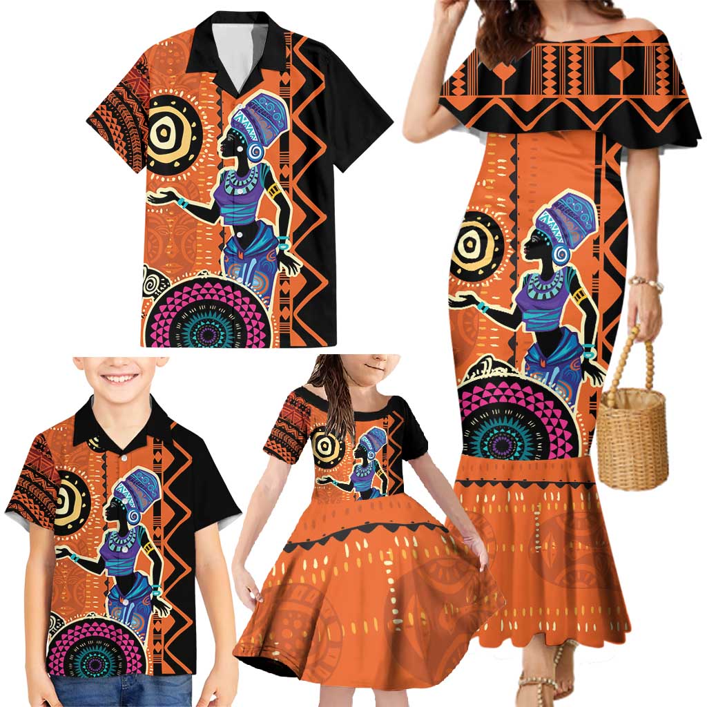 African Woman In Ethnic Dress Family Matching Mermaid Dress and Hawaiian Shirt Ethnic Geometric Patterns - Wonder Print Shop