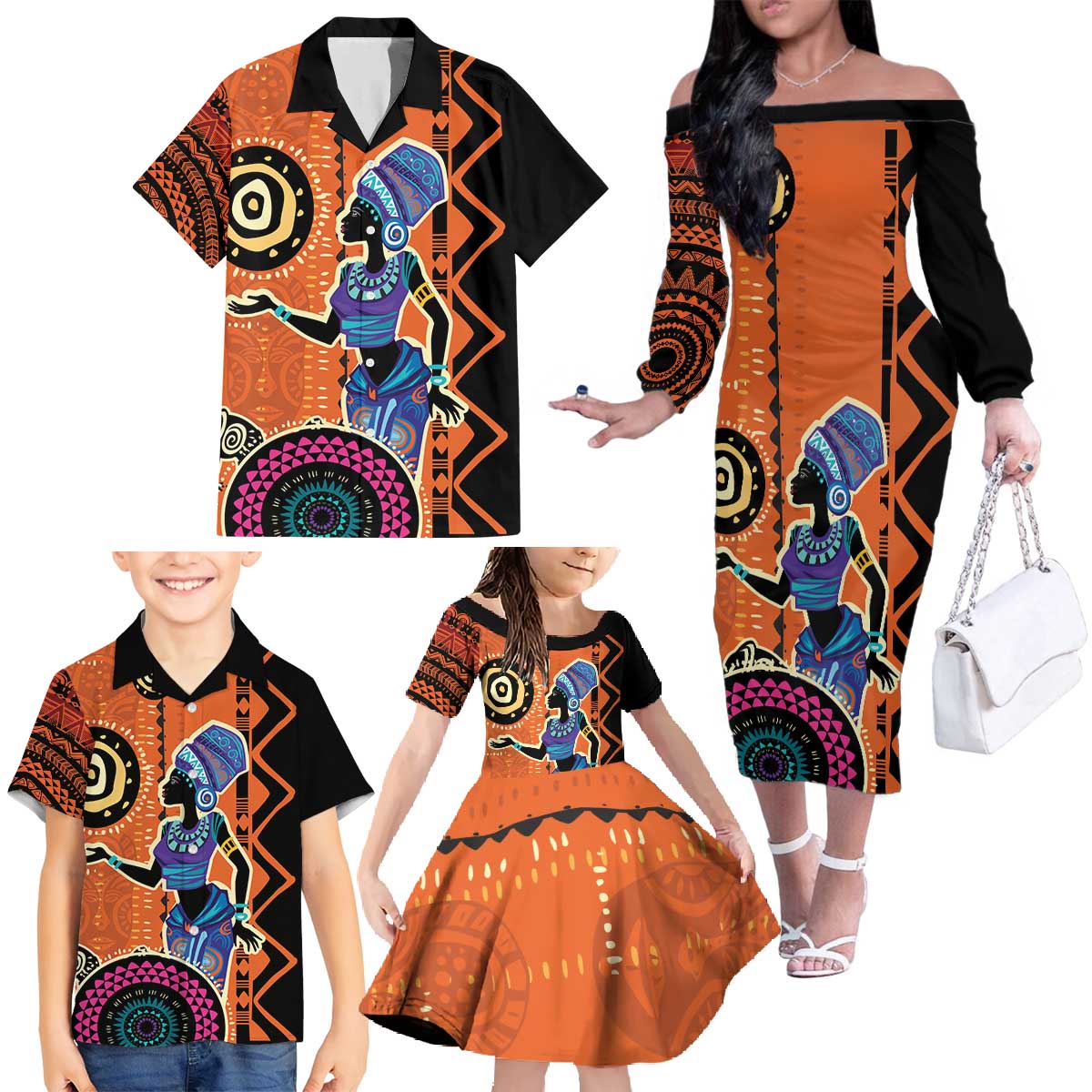 African Woman In Ethnic Dress Family Matching Off The Shoulder Long Sleeve Dress and Hawaiian Shirt Ethnic Geometric Patterns - Wonder Print Shop