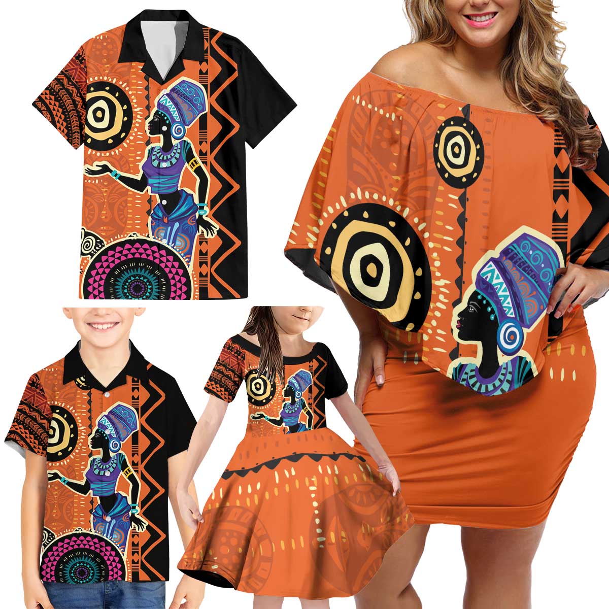 African Woman In Ethnic Dress Family Matching Off Shoulder Short Dress and Hawaiian Shirt Ethnic Geometric Patterns - Wonder Print Shop