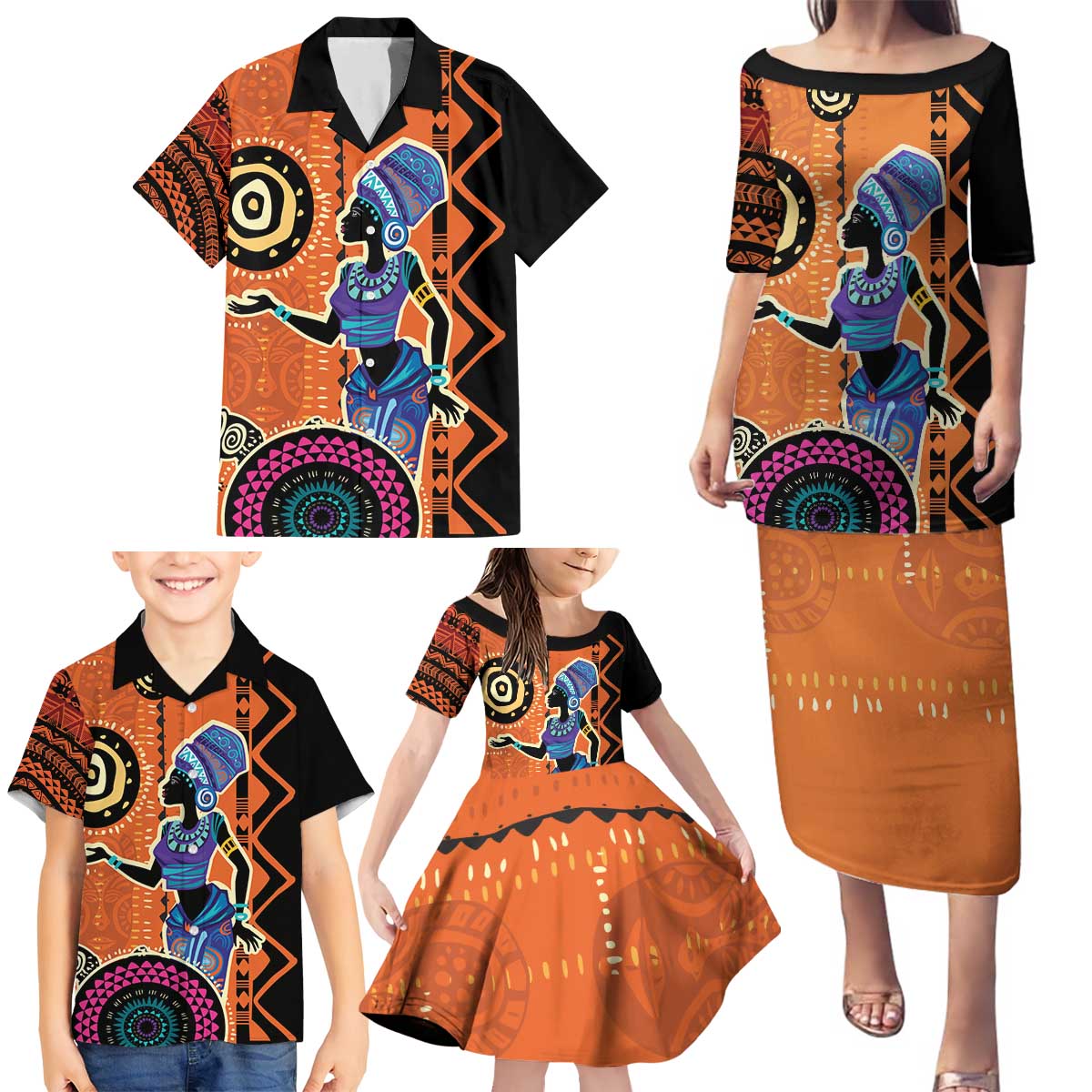 African Woman In Ethnic Dress Family Matching Puletasi and Hawaiian Shirt Ethnic Geometric Patterns - Wonder Print Shop