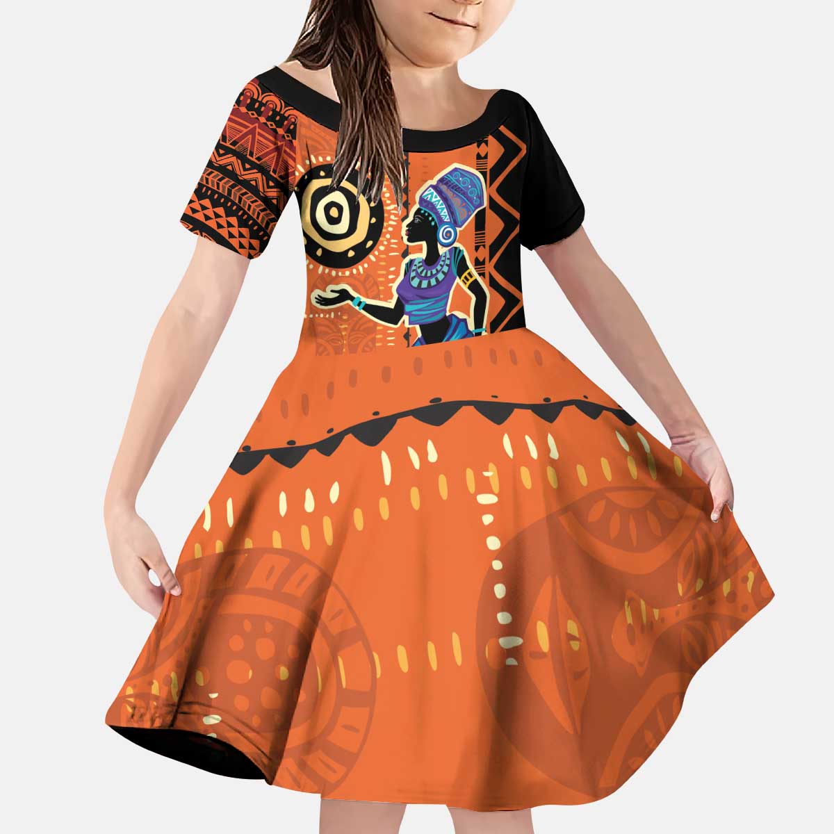 African Woman In Ethnic Dress Kid Short Sleeve Dress Ethnic Geometric Patterns - Wonder Print Shop