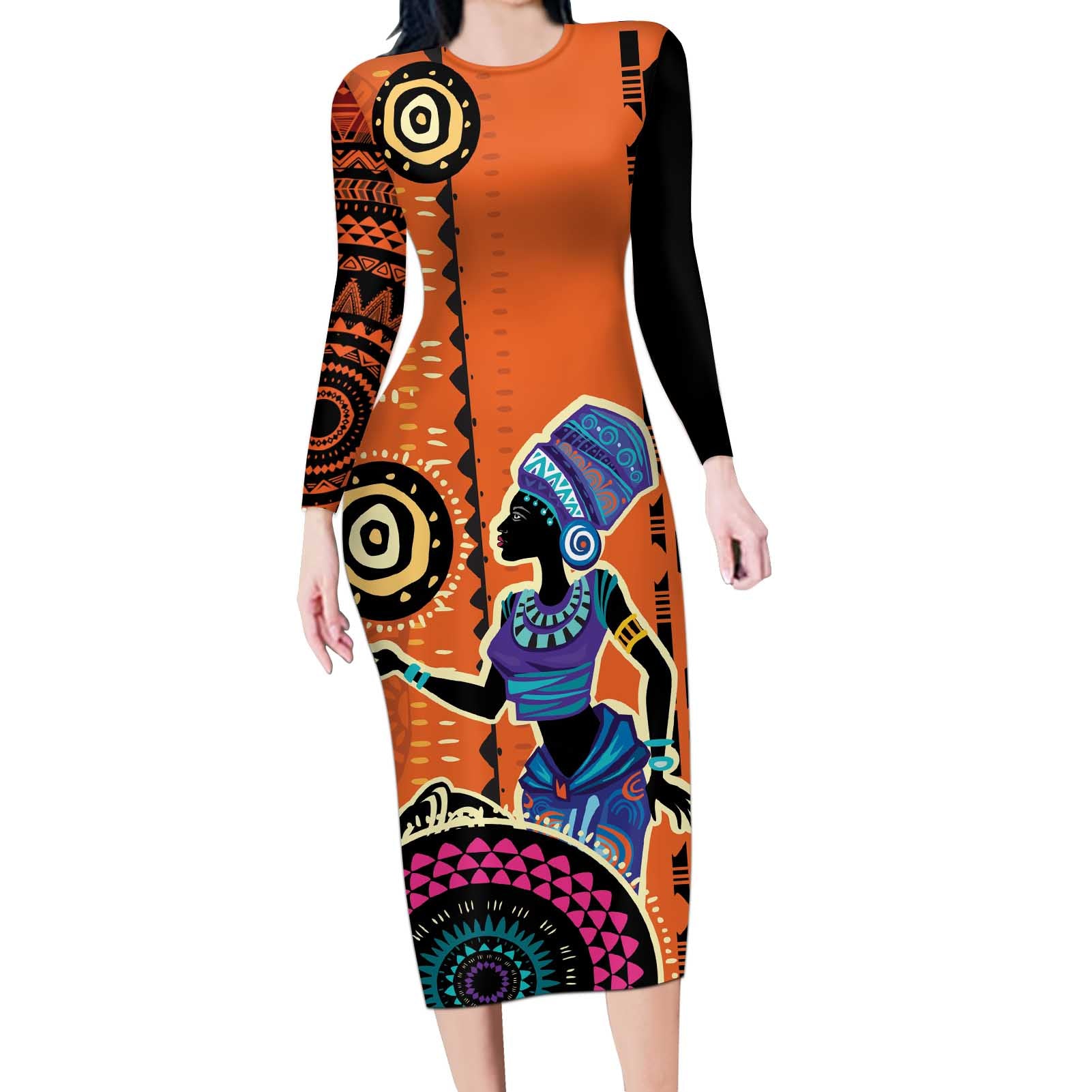 African Woman In Ethnic Dress Long Sleeve Bodycon Dress Ethnic Geometric Patterns - Wonder Print Shop