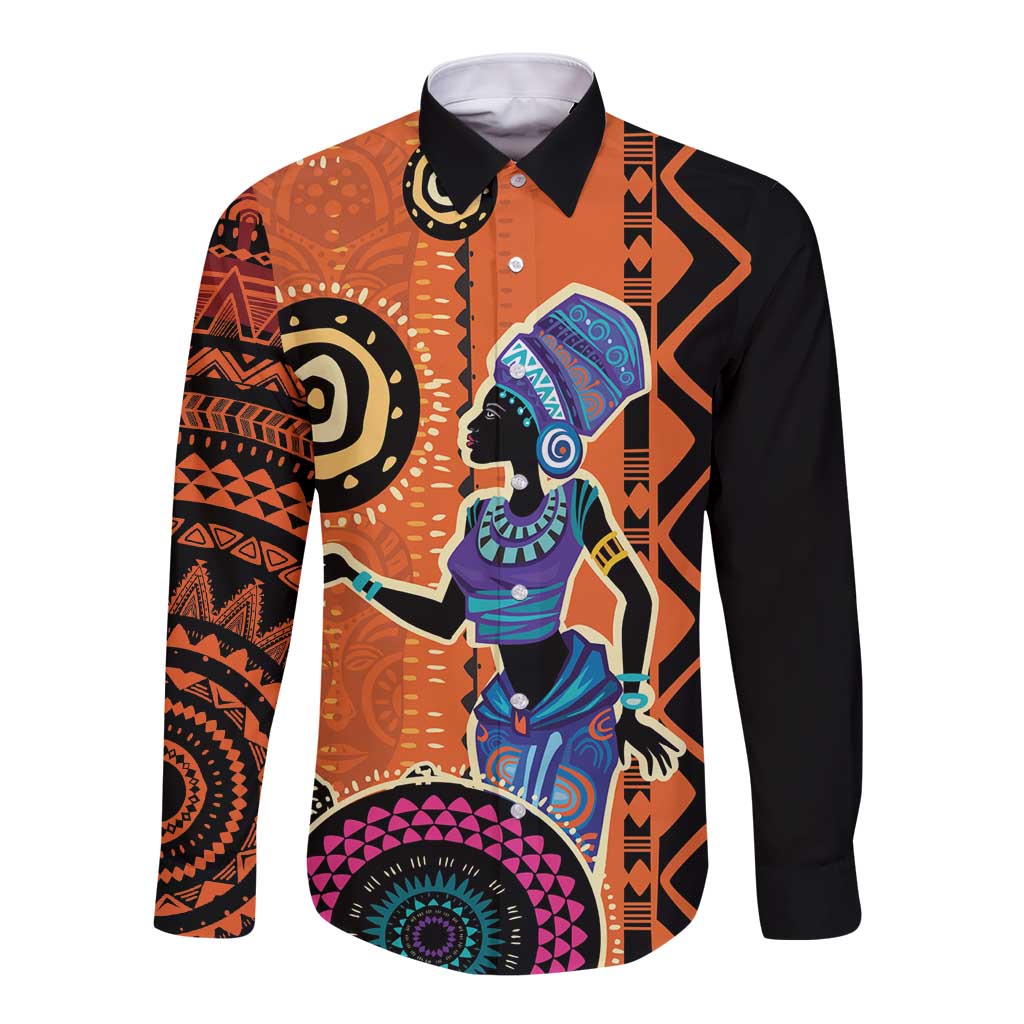 African Woman In Ethnic Dress Long Sleeve Button Shirt Ethnic Geometric Patterns - Wonder Print Shop