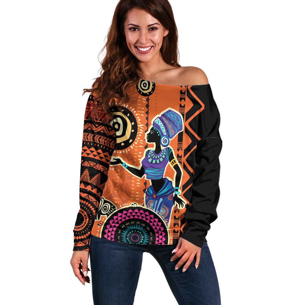 African Woman In Ethnic Dress Off Shoulder Sweater Ethnic Geometric Patterns - Wonder Print Shop