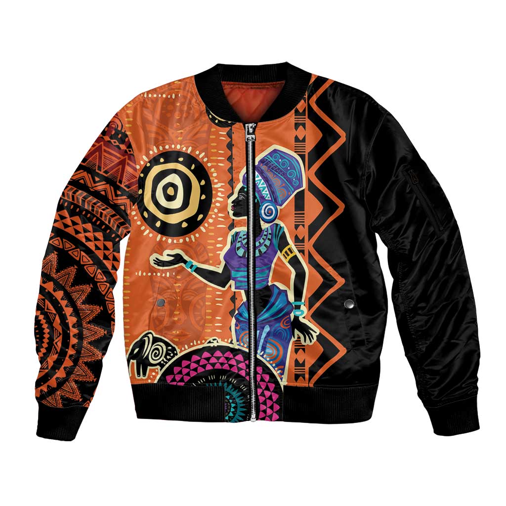 African Woman In Ethnic Dress Sleeve Zip Bomber Jacket Ethnic Geometric Patterns - Wonder Print Shop