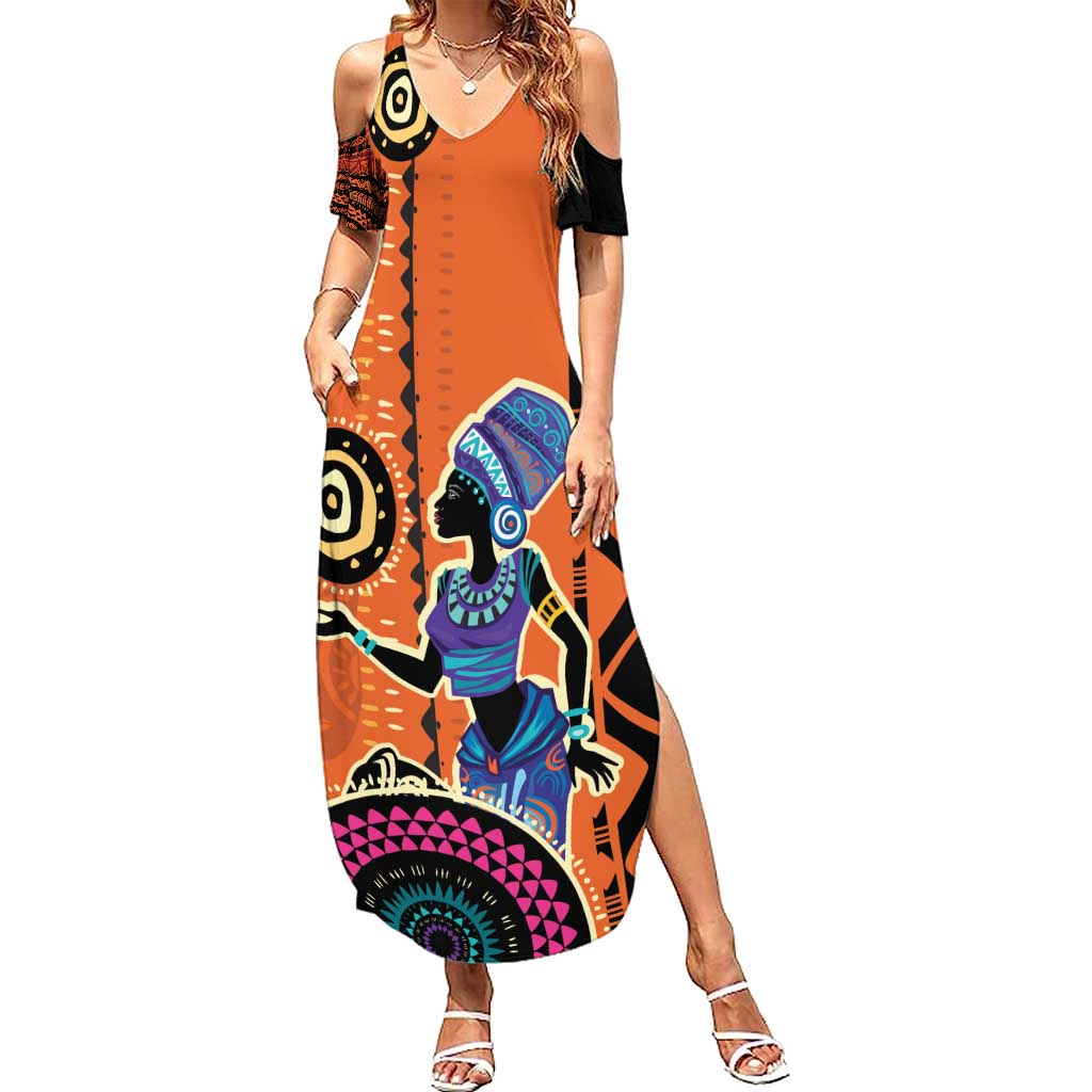 African Woman In Ethnic Dress Summer Maxi Dress Ethnic Geometric Patterns - Wonder Print Shop