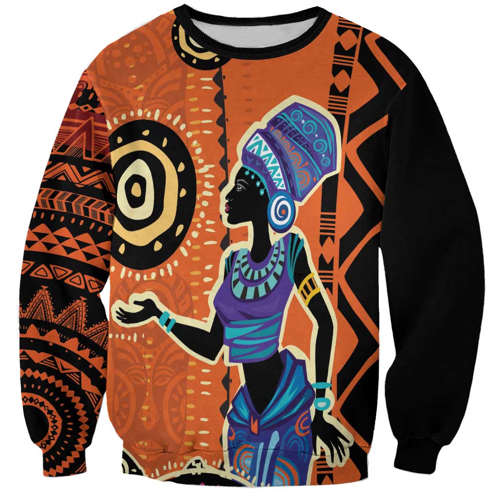 Unisex orange and black graphic ethnic sweatshirt with geometric patterns and woman portrait