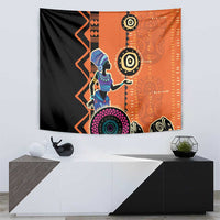 African woman ethnic dress tapestry with blue figure and purple sunburst circle on orange-black