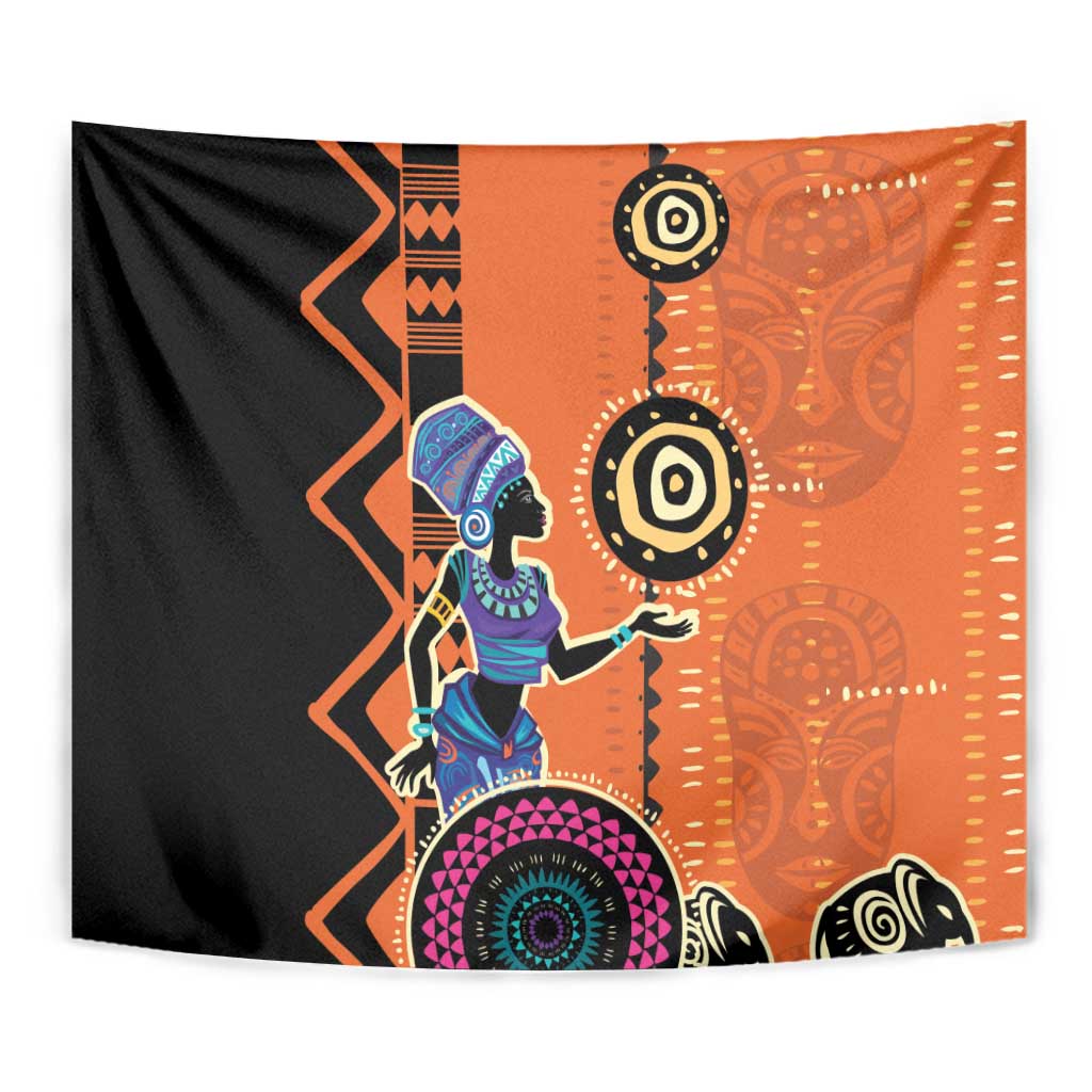 African woman ethnic dress tapestry close-up, blue figure with spiral symbols on orange