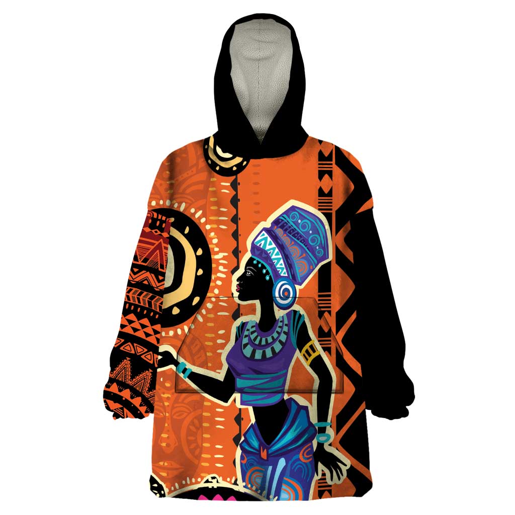 African Woman In Ethnic Dress Wearable Blanket Hoodie Ethnic Geometric Patterns