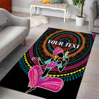 Personalized black area rug with bold colorful dancer graphic and 'YOUR TEXT' text.