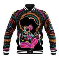 Black baseball jacket with colorful Africa portrait graphic, ribbed collar and snap buttons