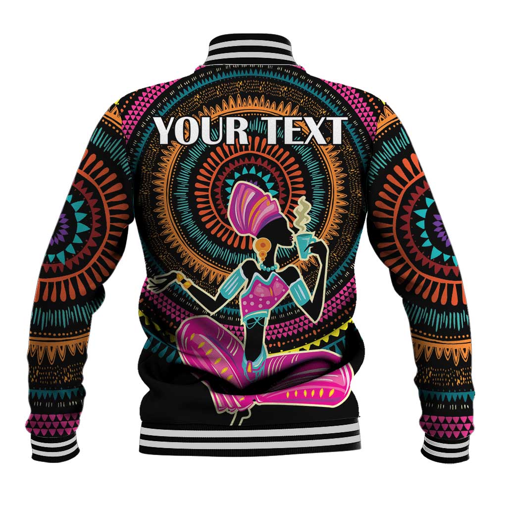Black baseball jacket back with Africa portrait graphic and "YOUR TEXT", ribbed cuffs
