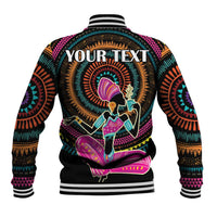 Black baseball jacket back with Africa portrait graphic and "YOUR TEXT", ribbed cuffs