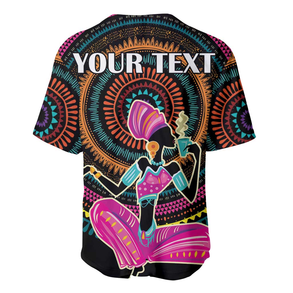 Black baseball jersey with rainbow African graphic and 'YOUR TEXT' on back