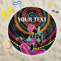 Round beach blanket with fringe, African woman mandala design with “YOUR TEXT”
