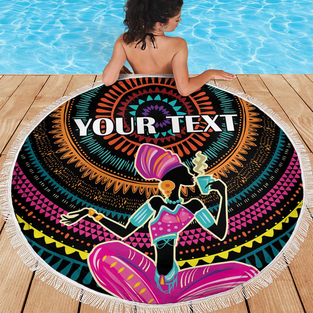 Round beach blanket with fringe, bold African woman graphic and colorful mandala design